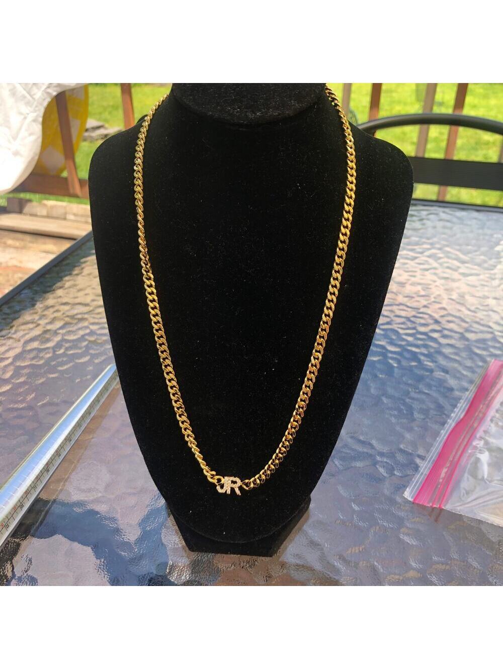 NWOT Stainless Steel Gold Tone Chain Necklace with Rhinestone "JR"